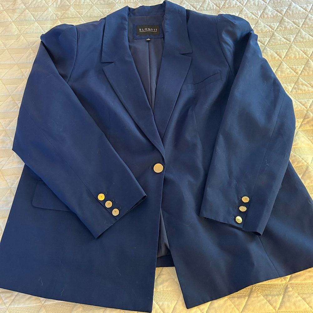 Blue Puff Sleeve Blazer with Gold Details